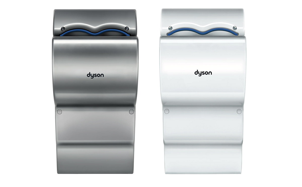 Two Dyson Airblade Hand Dryers, one grey colored and one white, next to each other on a plain white background.